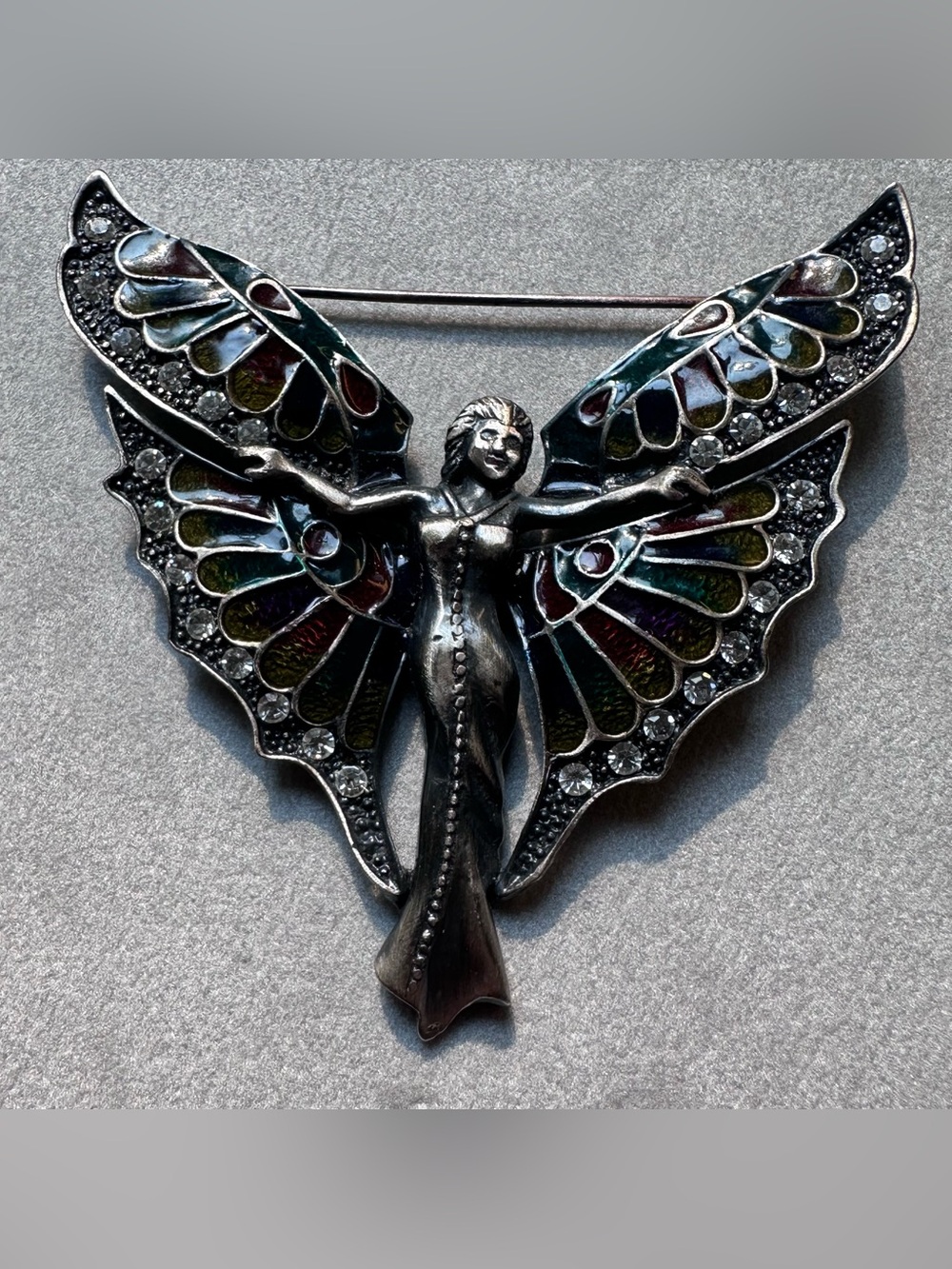 Vintage 3" Enamel Rhinestone Fairy Brooch Nymph Butterfly Goddess Pin Whimsigoth